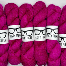 Load image into Gallery viewer, Pink Merino Linen yarn skeins with 'Feisty Fibres' labels on a white background